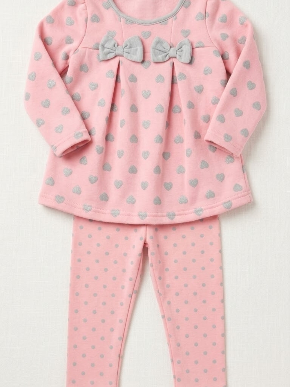 Pink Heart-Print Girls Set with Gray Accents